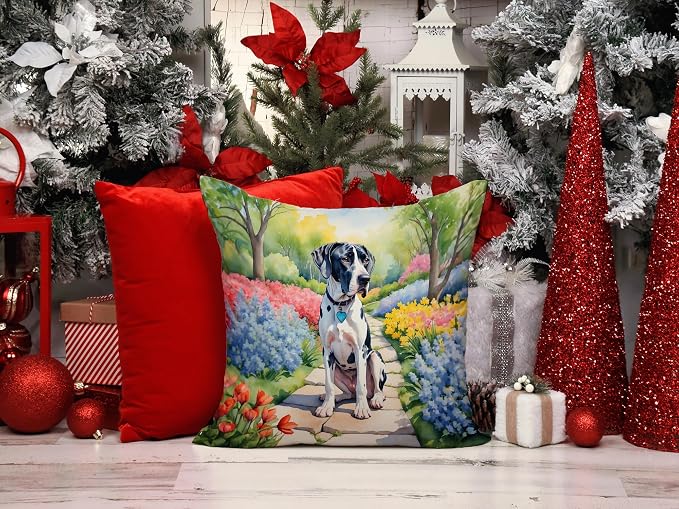 Caroline's Treasures Great Dane Spring Path Throw Pillow Machine Washable, Indoor Outdoor Decorative Pillow for Couch, Bed or Patio, 14Hx14W