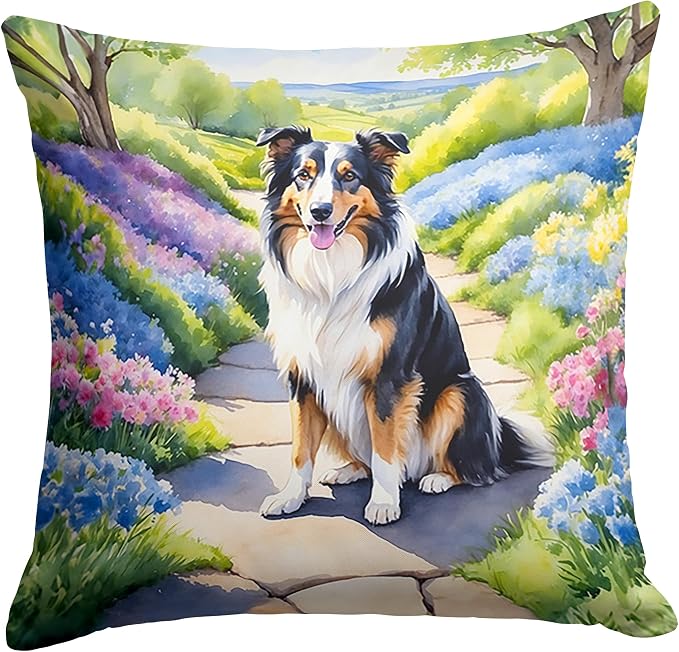 Caroline's Treasures Collie Spring Path Throw Pillow Machine Washable, Indoor Outdoor Decorative Pillow for Couch, Bed or Patio, 18Hx18W