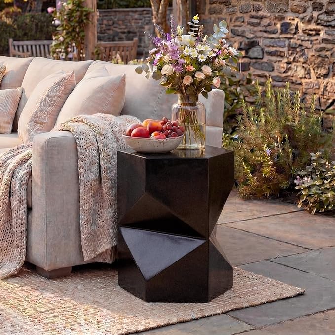 HOMPUS Outdoor Side Table Polygonal, Concrete End Table Hexagonal w Gloss Finish, Patio Accent Table Modern Design Home Decor, MgO Coffee Table for Living Room, Garden, Backyard, Black