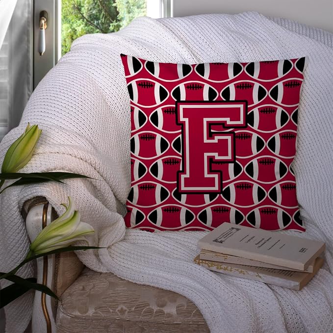Caroline's Treasures CJ1079-FPW1414 Letter F Football Crimson and White Fabric Decorative Pillow 100% Machine Washable Pillow, Indoor or Outdoor Decorative Throw Pillow for Couch, Bed or Patio