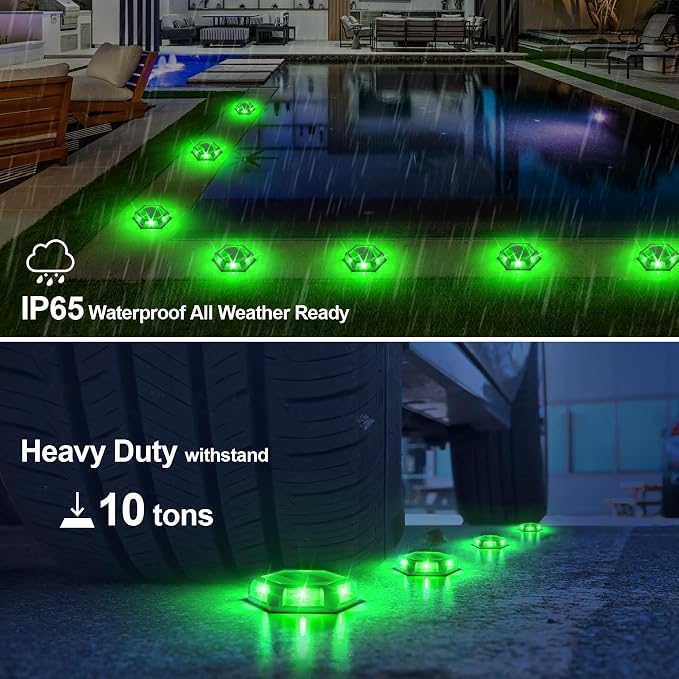 Green Solar Dock Lights Driveway Deck Lights - 12 Packs Waterproof Outdoor LED Aluminum Dock Lighting Warning Step Light for Driveway Sidewalk Garden Pathway Yard