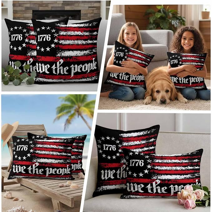 We The People Outdoor Pillow Covers 20"x12" Set of 2, Independence Day Distressed Red White Flag Waterproof Throw Pillow Covers for Patio Furniture, Decorative Cushion Covers for Porch