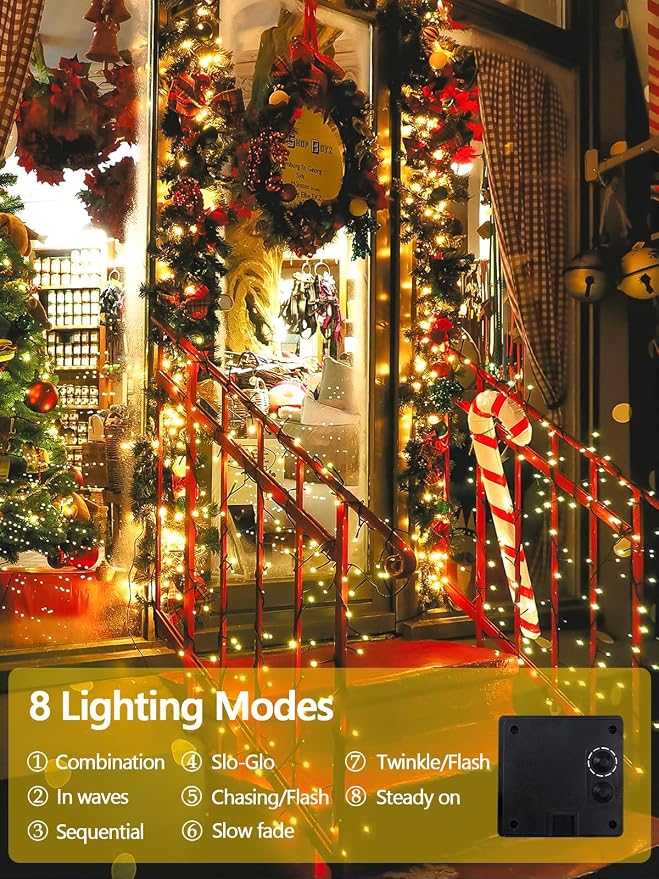 Solar String Lights Outdoor 4 Pack 400 LED Solar Christmas Light Warm White | 8 Lighting Modes, Memory Function, Auto On/Off, 132FT Waterproof Twinkle Lights for Outside Garden Yard Party Xmas Tree Decor