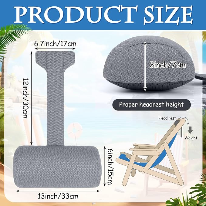 Kigley 2 Pcs Chaise Lounge Headrest Pillow for Patio Outdoor Pool Headrest Pillow Quick Drying Lounger Supplies for Adult with Non Slip Weighted Tail(Gray)