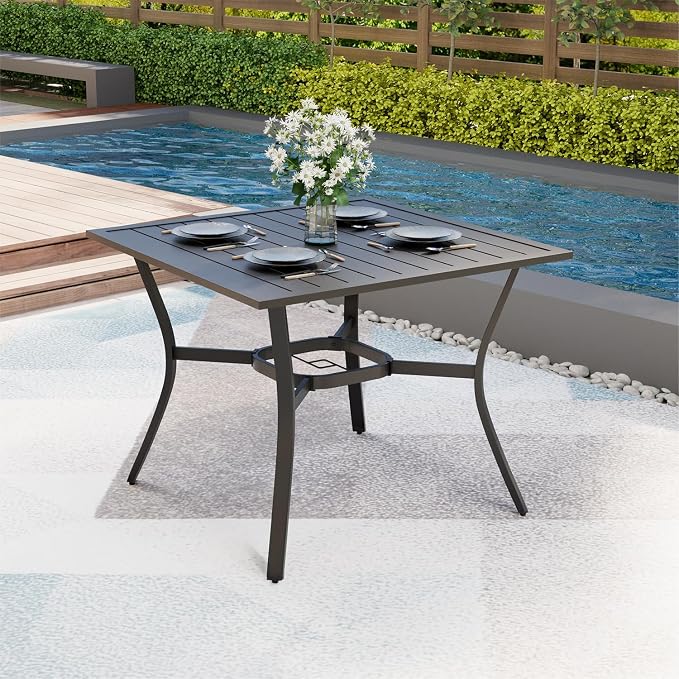 MELLCOM 37''x37'' Outdoor Dining Table for 4, Metal Patio Dining Table with 1.57'' Umbrella Hole and Adjustable Feet, All-Weather Black Square Table for Porch, Garden, Backyard, Poolside