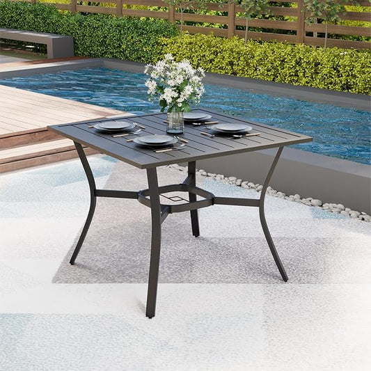 MELLCOM 37''x37'' Outdoor Dining Table for 4, Metal Patio Dining Table with 1.57'' Umbrella Hole and Adjustable Feet, All-Weather Black Square Table for Porch, Garden, Backyard, Poolside