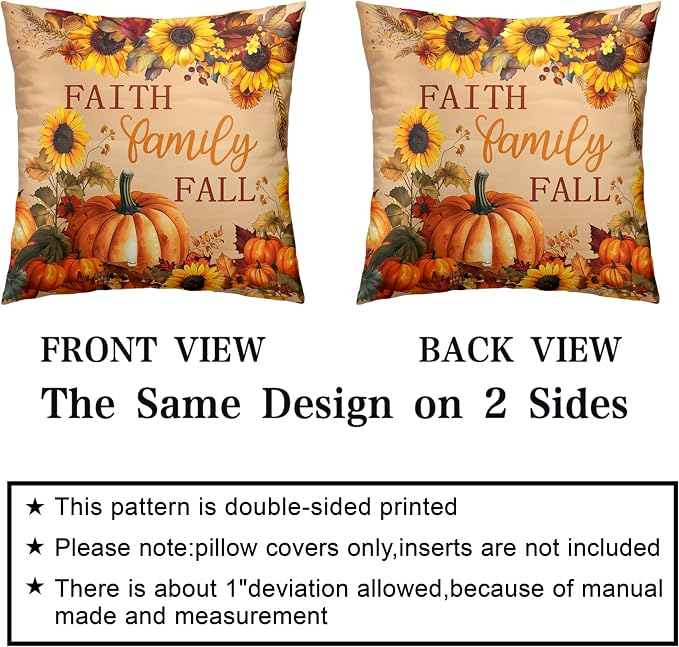 Fall Pillow Covers Pumpkin Sunflower Throw Pillow Covers Autumn Thanksgiving Harvest Pillow Case 22x22 Set of 2 Double Sided Printing Cushion Case for Couch Sofa