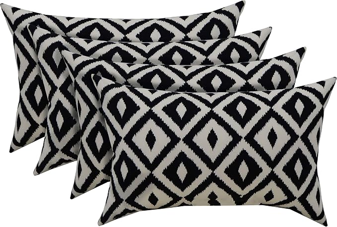 RSH DECOR Indoor Outdoor Set of 4 Decorative Rectangular Lumbar Throw Pillows ~ Black and White Aztec Geometric Fabric (20" W x 12" H) - Made in USA