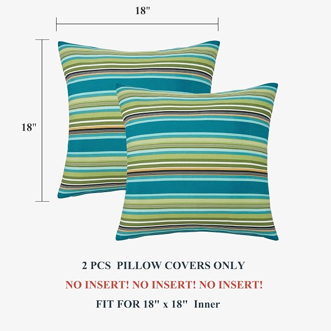 FUNHOME Outdoor Pillow Covers 18x18 Inch Pack of 2, No Insert-Green Stripe | Square Throw Pillow Covers, Water-Repellent, Modern Pillow Cases for Sofa Patio Couch Decoration