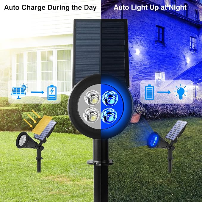 T-SUN Blue Solar Spotlights, Outdoor Waterproof Auto ON/Off Adjustable Garden Pond Lights for Tree, Patio, Yard, Driveway, Stairs, Pool Area