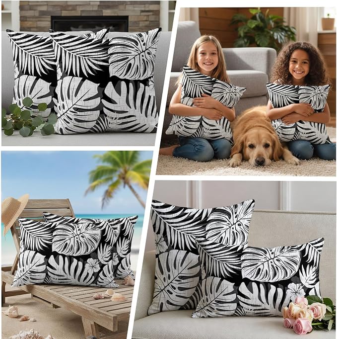 Black Palm Leaves Outdoor Pillow Covers 24"x24" Set of 2, Tropical Botanical Minimalist Modern Waterproof Throw Pillow Covers for Patio Furniture, Decorative Cushion Covers for Porch