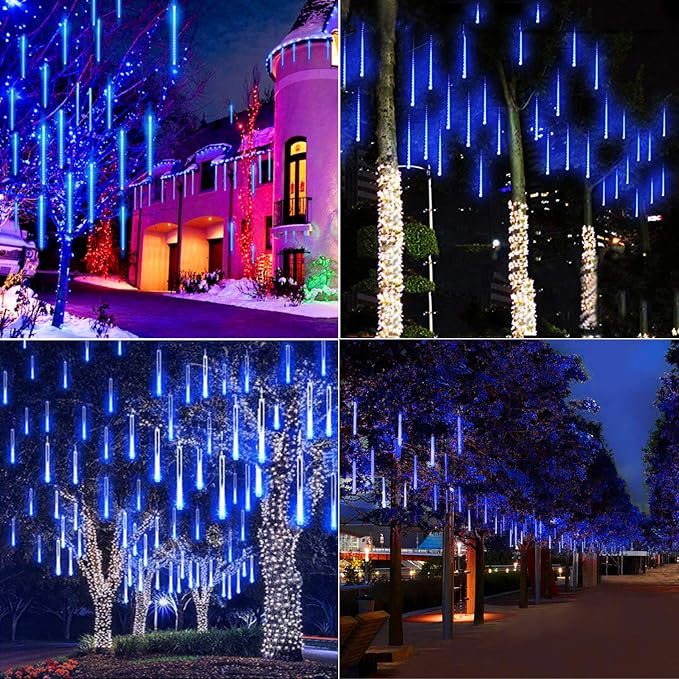Meteor Shower Lights Outdoor, 11.8 Inch 8 Tubes 192 LED Snowfall Lights, Waterproof Meteor Christmas Light, Hanging Falling Rain Light for Tree Bushes Holiday Party Christmas Decoration, Blue