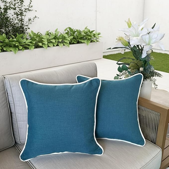 HER HWA Outdoor Pillow Covers White Piping 18"x18" Set of 2, Lake Blue | durable fade-resistant water-resistant 100% polyester white piping smooth zipper machine washable for indoor outdoor décor