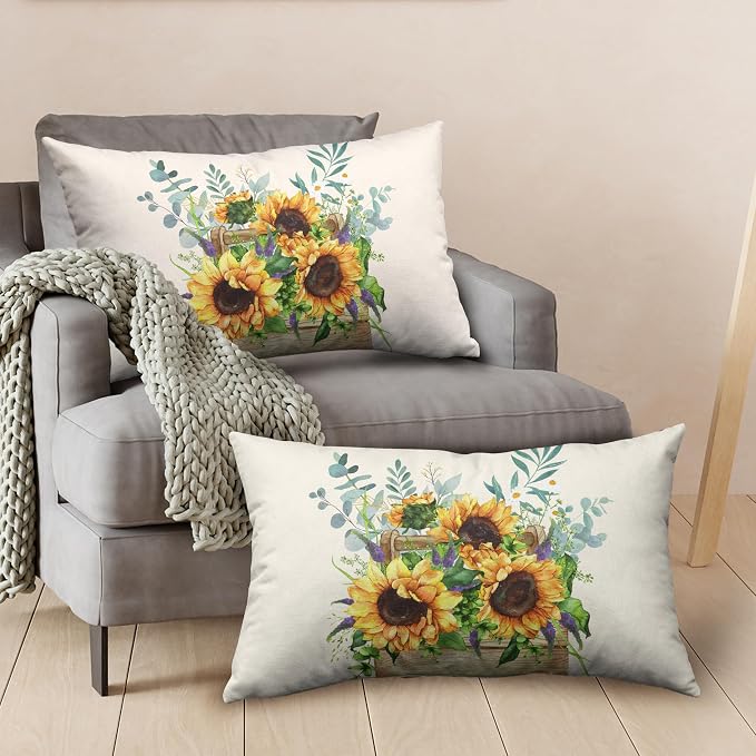 Sunflower Lumbar Pillow Covers Set of 2 Spring Summer Floral Rectangle Throw Pillow Covers 12x20 Flower Decorative Waist Pillowcase for Farmhouse Couch Outdoor