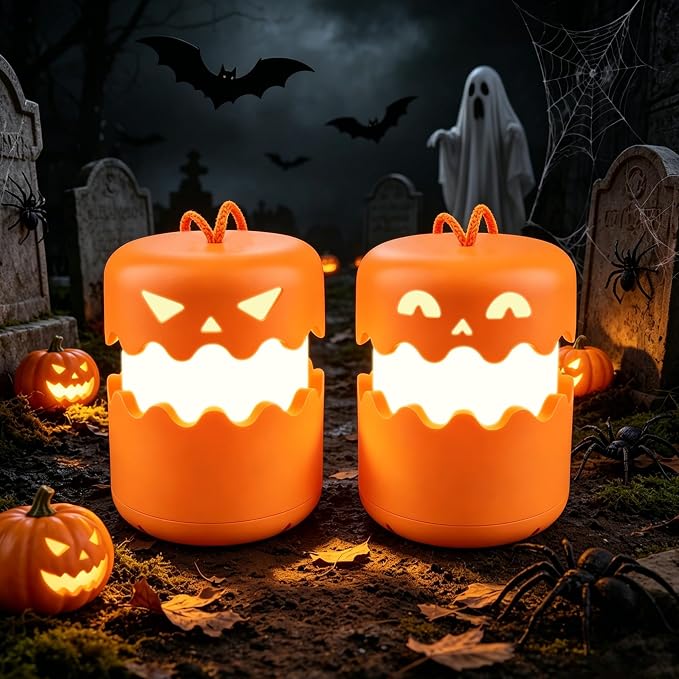 LED Halloween Pumpkin Lantern 2 Pack，Jack O Lantern with Lanyard | Halloween Lamp Gifts for Kids and Adults Collapsible Indoor/Outdoor Halloween Party Decoration
