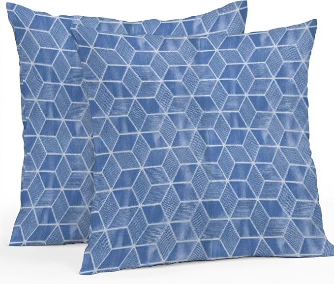 Blue Honeycomb Tiling Waterproof Outdoor Pillow Covers Set of 2 Home Decor, Wooden Grain Blocks Pillowcase Patio Pillow Covers for Couch Bench Patio Furniture Garden 18x18in