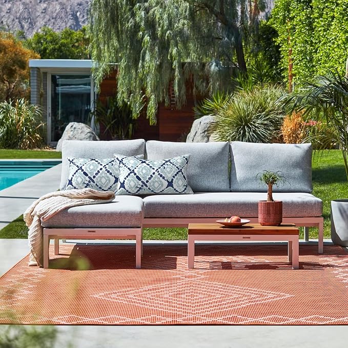 LVTXIII 2 Pack Outdoor Lumbar Pillows 12x20 Inch with White Piping, Fade Resistant Support Throw Pillows with Inserts for Patio Furniture, Sofa, Chair, Boho Geometry Blue