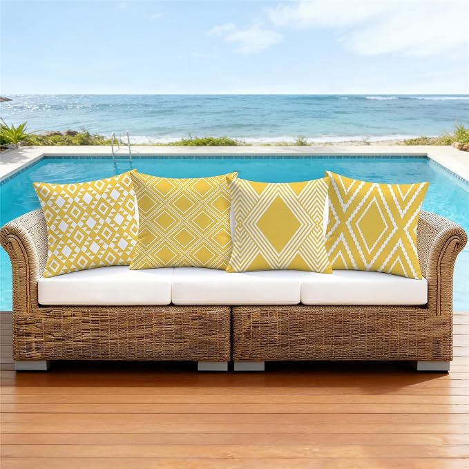 NIGHTWISH Outdoor Waterproof Pillow Covers 20x20 Set of 4 Yellow and White Modern Geometry Decorative Outdoor Throw Pillows Boho Cushion Cases for Patio Furniture Bench Couch Sunbrella