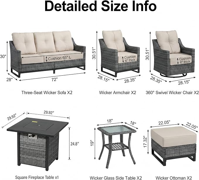 13 Piece Patio Furniture Set with 6" Thick Cushions, Weather-Resistant Wicker Swivel Rocker High Back Chairs and Fire Pit Table for Porch Yard Deck