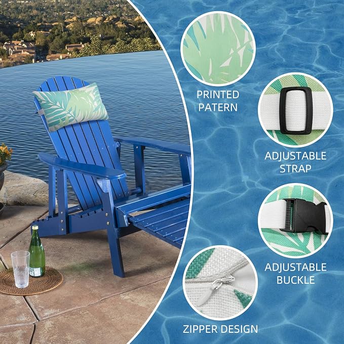 Outdoor Pillow for Chaise Lounge Chair, 2pcs Chaise Lounge Pillows Lumbar Pillows with Insert and Adjustable Elastic Strap for Patio Beach Office Chair, Green Leave