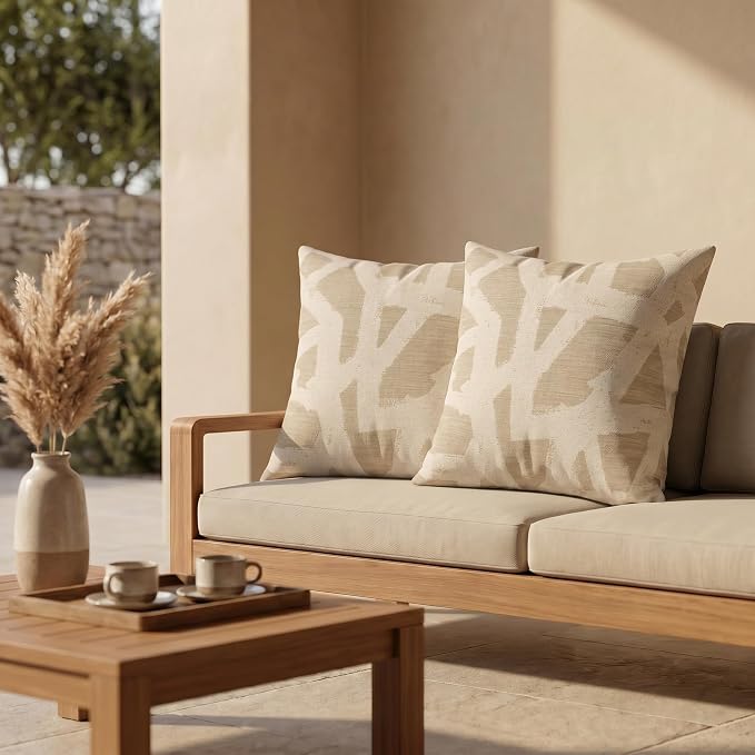RSH DECOR: Sunbrella Square Throw Pillows Set of 2 | 24" x 24" | Water and Fade-Resistant Performance Fabric | Outdoor Pillow Covers with Down-Alternative Inserts | Made in USA (Draft Parchment)