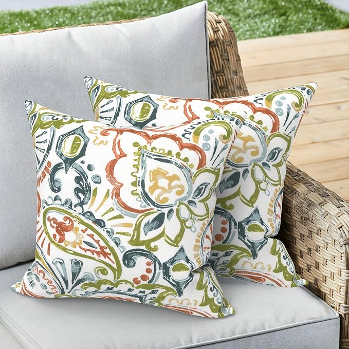 Outdoor 16x16 Inch Throw Pillow Covers Set of 2, Covers ONLY, All Weather Square Pillow Cases, Patio Cushion Pillow of Home Furniture Use, Paisley Botanical