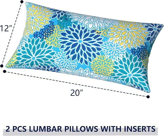 Outdoor Lumbar Pillows 12x20 inch, Rectangle Throw Pillows with Inserts, Decorative Lumbar Cushions for Patio Furniture Garden Couch Home Sofa Office Chair, Pack of 2, Dahlia Blue