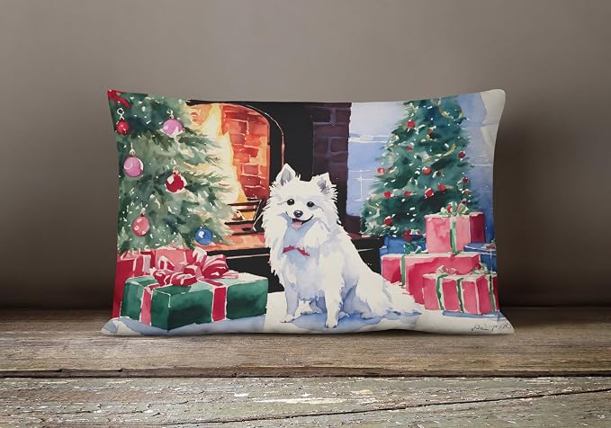 Caroline's Treasures DAC2686PW1216 Japanese Spitz Cozy Christmas Throw Pillow Machine Washable, Indoor Outdoor Decorative Pillow for Couch, Bed or Patio, 12HX16W