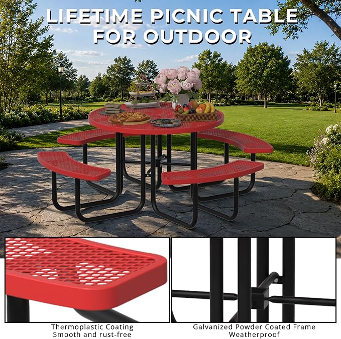 All-Weather Round Outdoor Picnic Table, Commercial Picnic Table Bench Set with Umbrella Hole, Thermoplastic Coated Metal Dining Tables for School, Stores, Park, Patio, Yard, Red