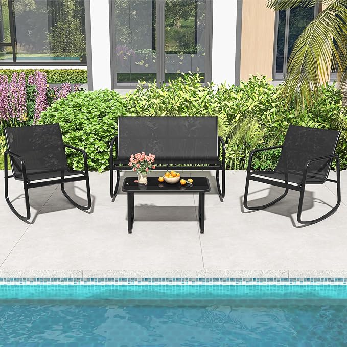 HAPPYGRILL 4 Pieces Patio Rocking Furniture Set with Loveseat, 2 Rocking Chairs & Glass-Top Coffee Table, Outdoor Porch Rocker Chair Conversation Set for Balcony, Poolside, Garden, Backyard (Black)