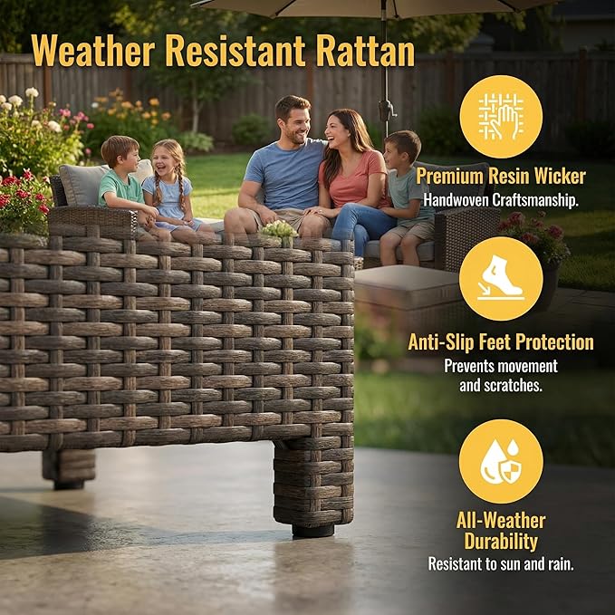 Wisteria Lane 7 Piece Patio Furniture Set, High Curved Back Wicker Outdoor Dining Set, All Weather Patio Sectional, Outdoor Furniture Patio Conversation Set with Ottoman, Grey