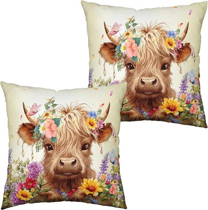Highland Cow Pillow Covers 20x20 Set of 2 Cattle with Flowers Throw Pillow Covers Spring Outdoor Pillowcase Cotton Linen Farmhouse Cushion Case for Sofa Outdoor Patio