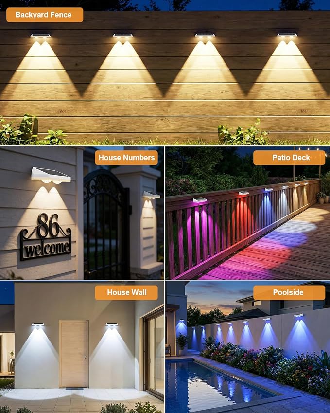 Solar Fence Lights Outdoor ,3000/4500/6000K 13 Mode, 16 Pack Fence Lights Solar Powered with Ultra-Bright Lens IP65 Waterproof,Solar Wall Light for Backyard/Step/Patio/Deck/Stair/Railings(White)