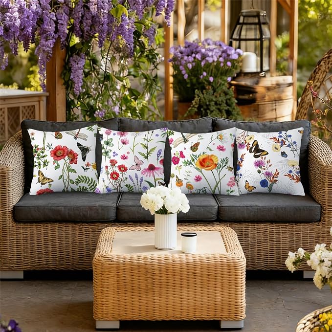 NIGHTWISH Outdoor Waterproof Pillow Covers 16x16 Set of 4 Spring Summer Floral Decorative Outdoor Throw Pillows Farmhouse Cushion Cases for Patio Furniture Bench Couch Sunbrella