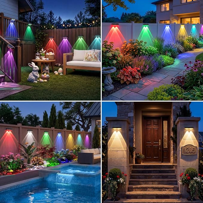 kolpop Solar Fence Lights Outdoor,11 Modes&9 Colors RGB/Cold/Warm White Fence Lights Solar Powered,IP65 Waterproof, 60LM LED Color Changing Solar Lights for Patio,Backyard,Wall,Deck,Party,Decor 8 Pack
