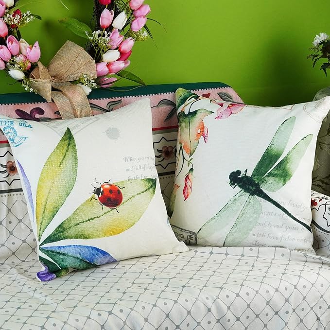 ONWAY Outdoor Garden Decoration Bee/Butterfly/Dragonfly/Ladybug Pillow Case Leaf/Lavender/Flower Decorative Throw Pillow Covers 18 x 18 Inches, Set of 4