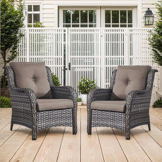 Belord High Back Patio Chairs Set of 2 - Gray Wicker Chairs Outdoor Seating, 4" Wide Armrests Rattan Outdoor Club Chair with Grey Removable Cushion for Deck Porch Backyard