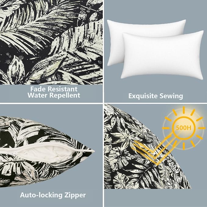 LVTXIII 2 Pack Outdoor Lumbar Pillows 12x20 Inch with White Piping, Fade Resistant Support Throw Pillows with Inserts for Patio Furniture, Sofa, Chair, Tropical Leaf Black