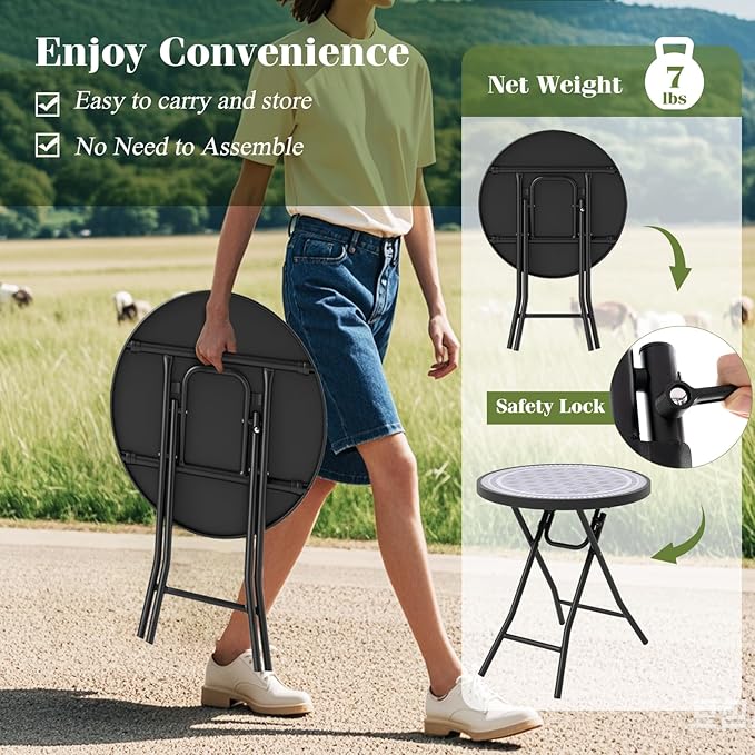 Giantex Set of 2 Folding Outdoor Side Table, 18” Round End Table with Tempered Glass Tabletop & Metal Frame, Portable Sofa Side Table, Patio Coffee Table for Yard Porch Poolside Living Room, Grey