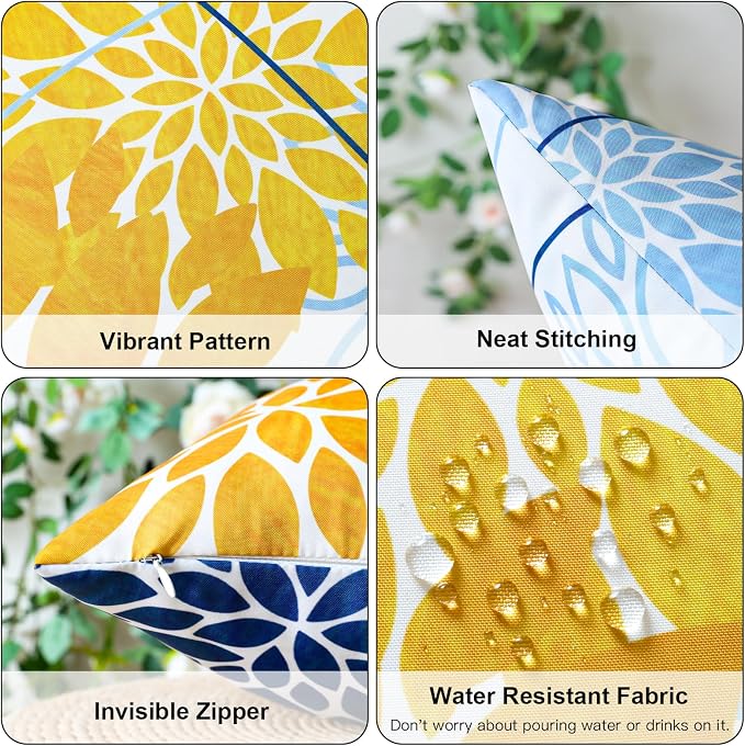 OTOSTAR Outdoor Yellow Light Blue Pillow Covers 20x20 Inch Set of 2 Dark Blue Flower Throw Pillows Farmhouse Geometric Dahlia Floral Square Cushion Case Waterproof Decor for Sofa Patio Funiture Garden