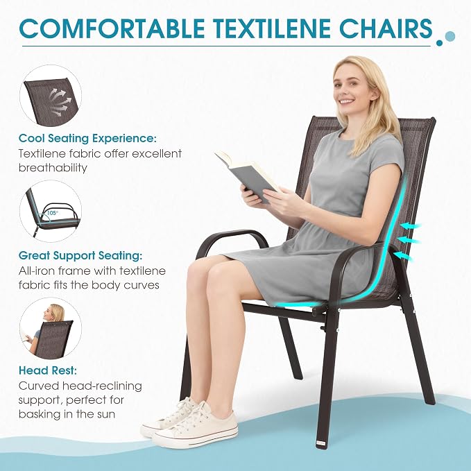 24.4" Wide Outdoor Stackable Chairs Set of 4, Stacking Patio Chairs with Textilene Fabric, Outside Furniture for Garden Backyard Balconie Poolside Deck, Brown