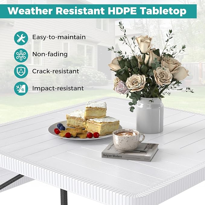 Byroce Outdoor Picnic Table for 4-8 Person, HDPE Picnic Camping Table Set with 4 Benches, Umbrella Hole & Metal Frame, Heavy Duty Square Dining Table Chairs for BBQ in Patio, Yard & Poolside (White)
