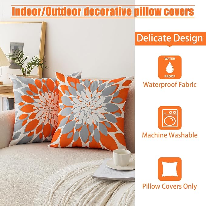 Pack of 4 Fall Outdoor Waterproof Pillow Covers 18x18 Decorative Outdoor Throw Pillows Garden Square Cushion Cases for Patio Furniture, Couch, Tent Sunbrella, Bench, Orange Grey