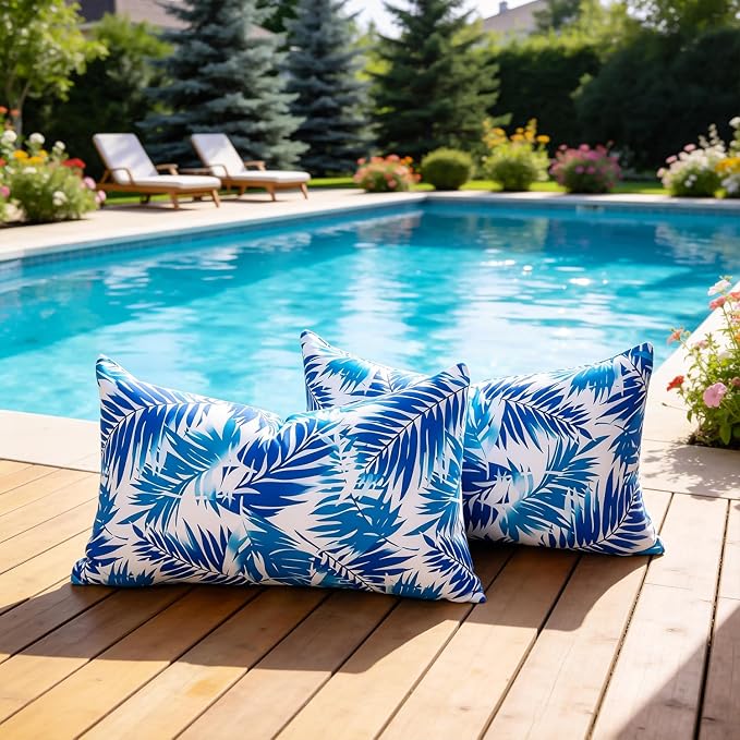 Outdoor Lumbar Pillow Covers Waterproof Summer Decorative Throw Pillow Covers Blue Tropical Leaf Couch Covers 18x18 Set of 2 Outdoor Cushion Home Decor for Patio Furniture Garden Tent Balcony Bench