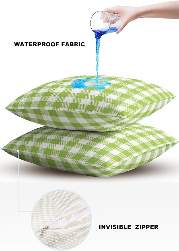Outdoor Waterproof Throw Pillow Covers Set of 2 Sage Green Buffalo Check Plaid Pillowcases 20x20 Inches Farmhouse Style Patio Decorative Pillows Cushion Case Patio Pillows for Couch Bed Chair Garden