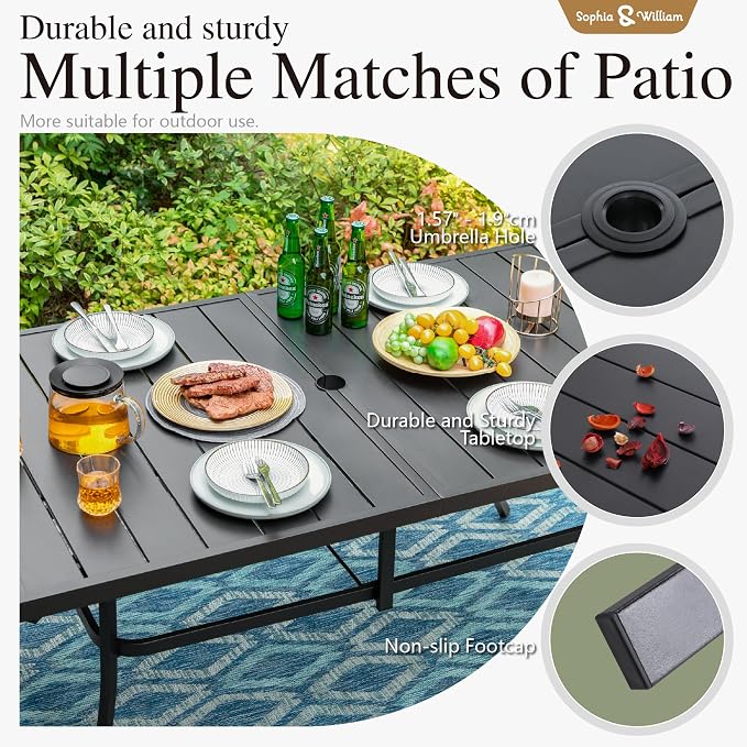 Sophia & William Patio Set with Umbrella, Outdoor Dining Set for 6 Persons, Outdoor Table with 13ft Navy Patio Umbrella & 6 x Fixed Chairs for Lawn Garden Backyard Pool (No Umbrella Base)