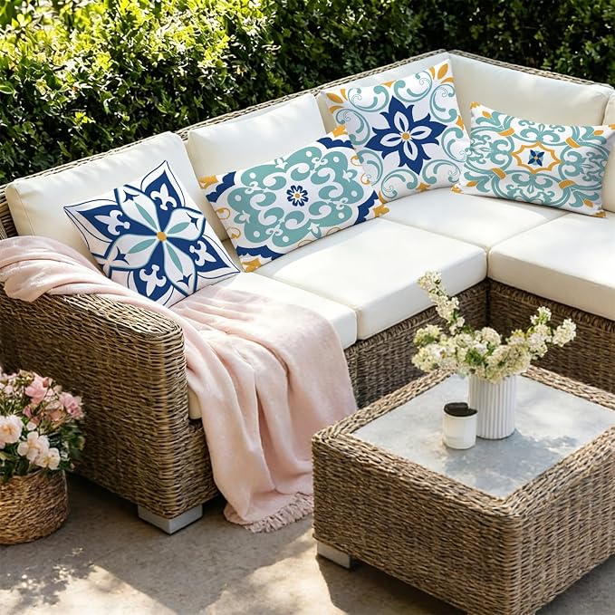 Outdoor Waterproof Throw Pillow Covers 12x20 Set of 4 Floral Boho Decorative Cushion Cases for Patio Furniture Garden Porch Bench Couch Sunbrella