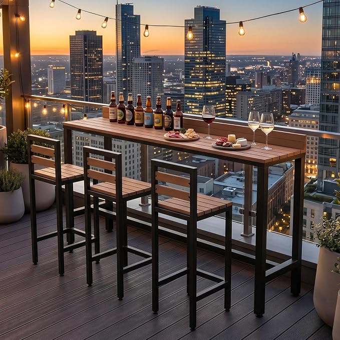 Outdoor Patio Bar Height Table with Baffle, Weather Resistant High Counter Table Porch Pub Tables Wood-Plastic Tabletop, for Poolside Garden Balcony Restaurant Cafe(Black,70.8"x15.7"x40.5")
