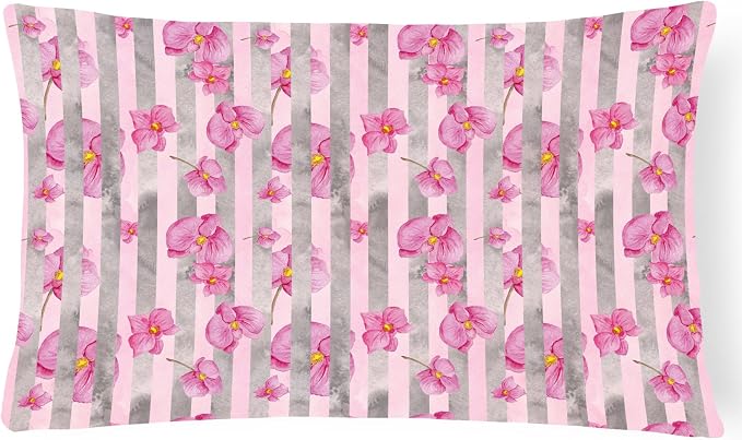 Caroline's Treasures BB7502PW1216 Watercolor Pink Flowers Grey Stripes Canvas Fabric Decorative Pillow Machine Washable, Indoor Outdoor Decorative Pillow for Couch, Bed or Patio, 12HX16W