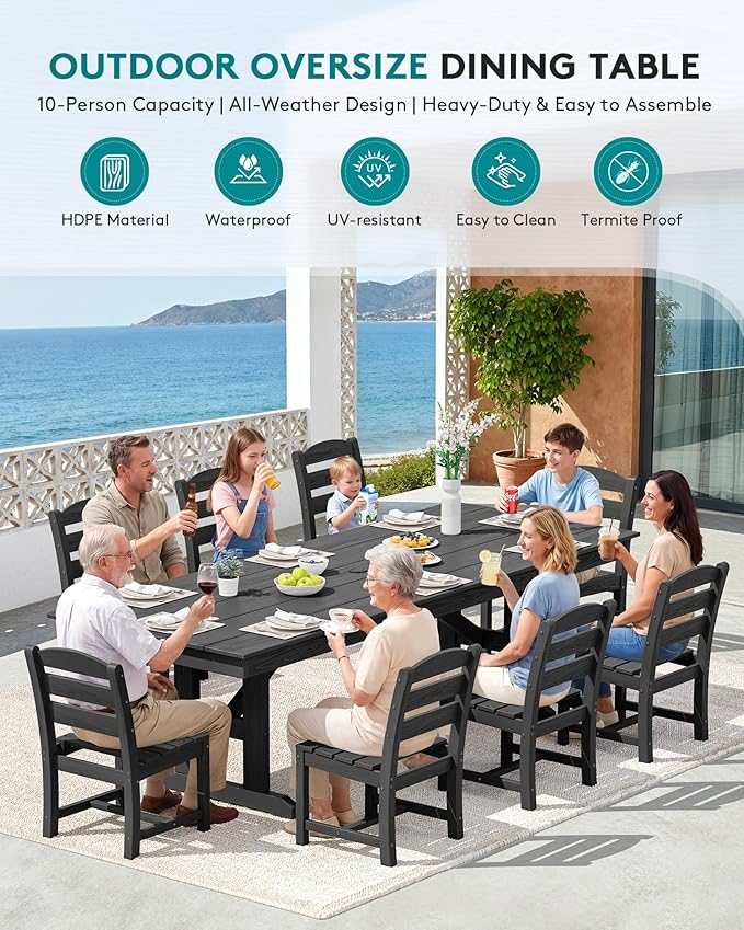 SERWALL Outdoor Armless Dining Chairs Set of 2, All-Weather HDPE Patio Chair with 19.7" Widened Seat, for Backyard, Garden, Black